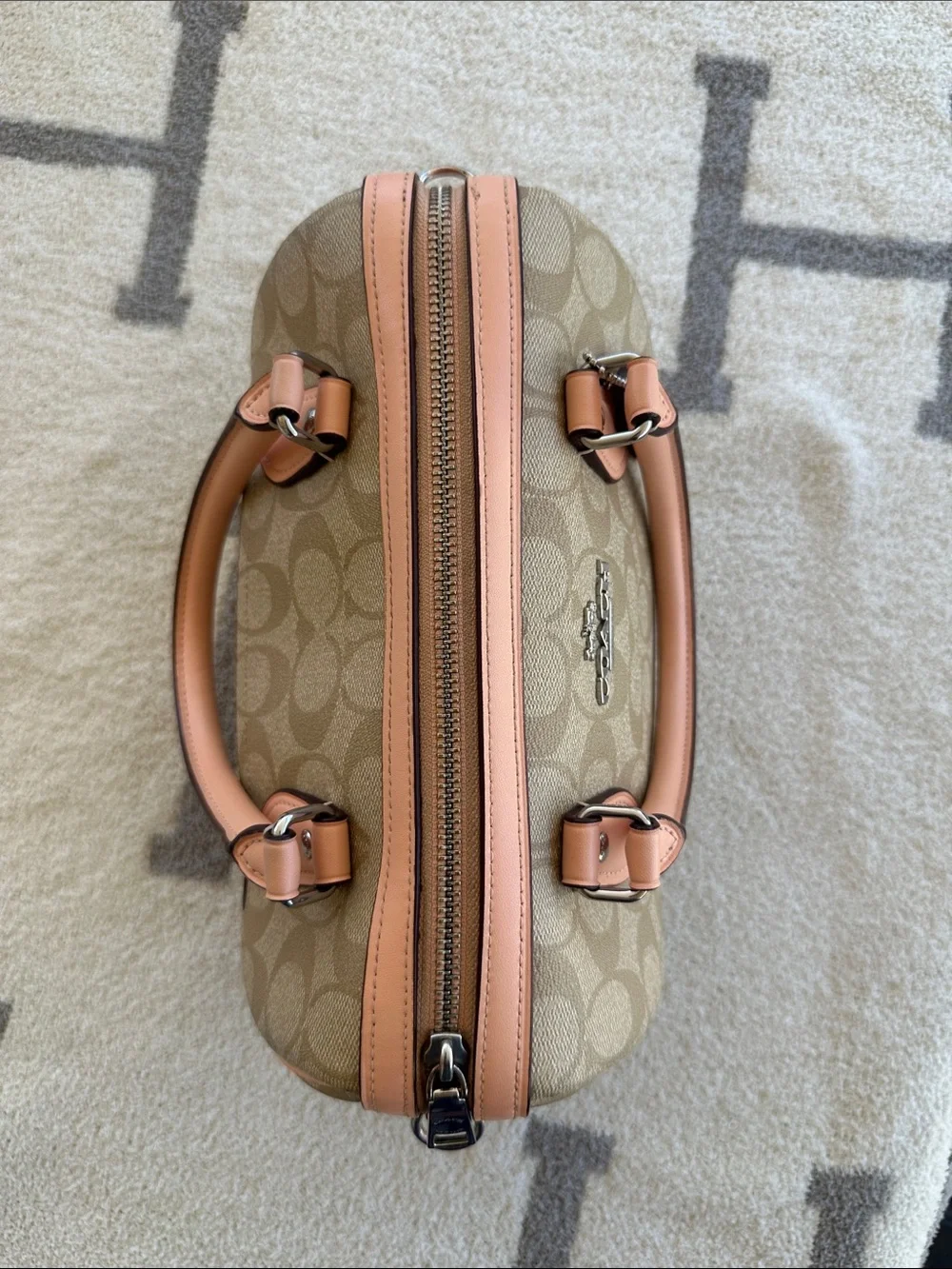 Coach Beige Monogram Satchel with Pink Trim